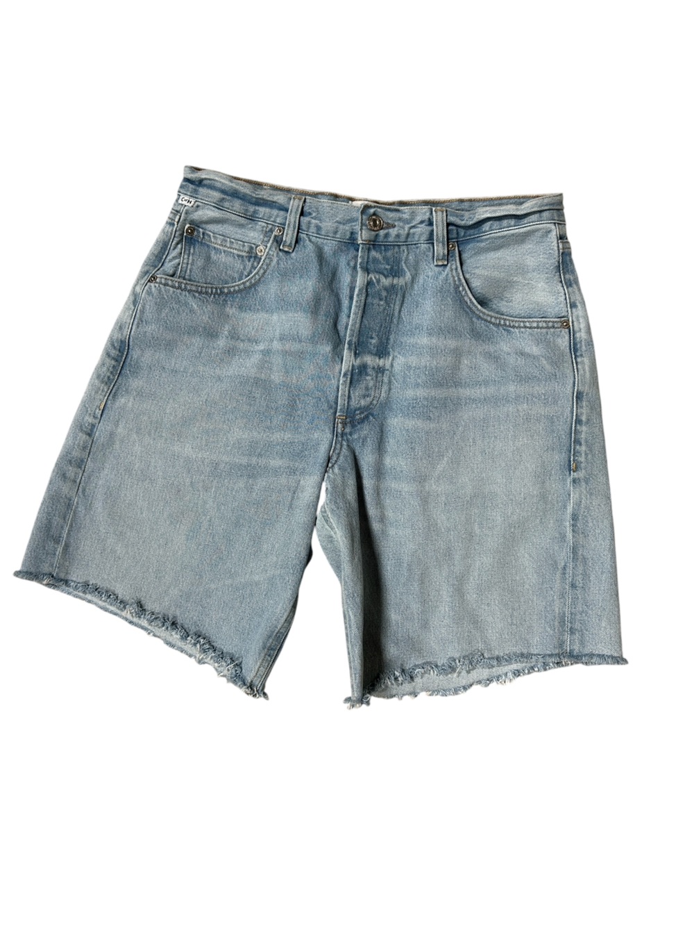 CoH Ayla Long Denim Shorts Frayed Hem Light Wash Wide-Leg Jorts, Size 29